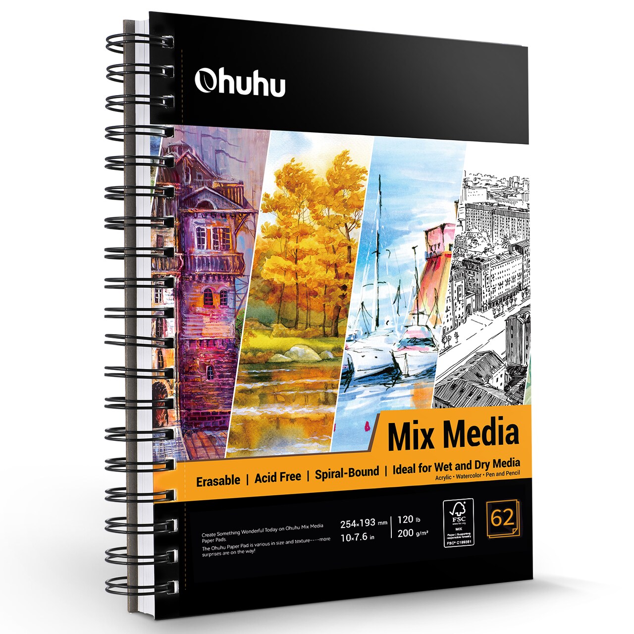 Ohuhu Mix Media Pad, Mixed Media Art Sketchbook, 120 LB/200 GSM Heavyweight Papers, Spiral Bound Mixed Media Paper Pad for Acrylic, Painting Christmas Gift